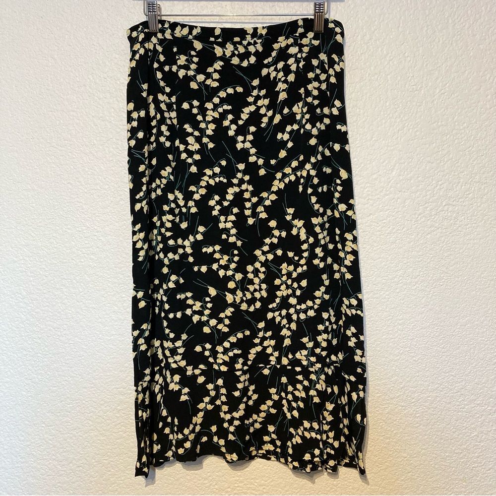 Y2K 90s Vintage Zoe California Floral Skirt Ruffle Hem Black Yellow A Line Midi